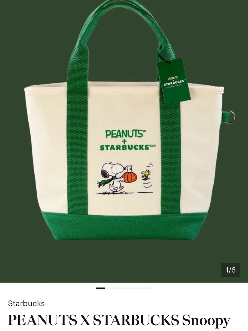 Starbucks Cream & Green Peanuts Snoopy Canvas Tote